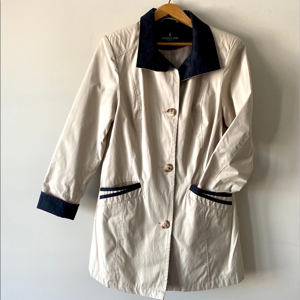 London fog tan rain trench with black accents